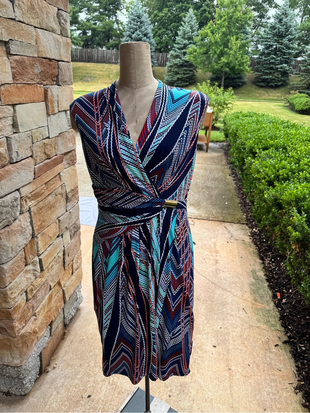 Ellen Tracy Navy, Teal & Red Chevron Wrap Midi Dress